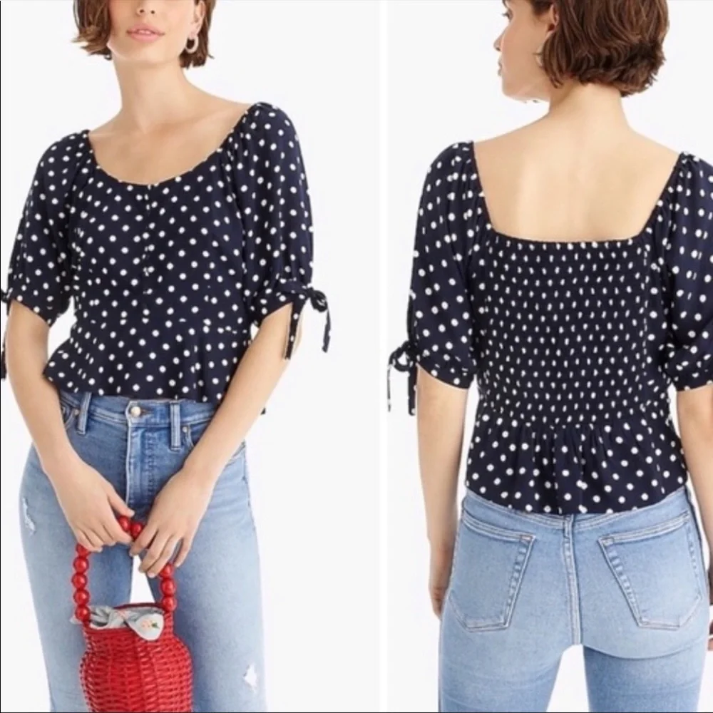 J. Crew Navy Cream‎ Polka Dot Smocked Cropped Peplum Top XXS